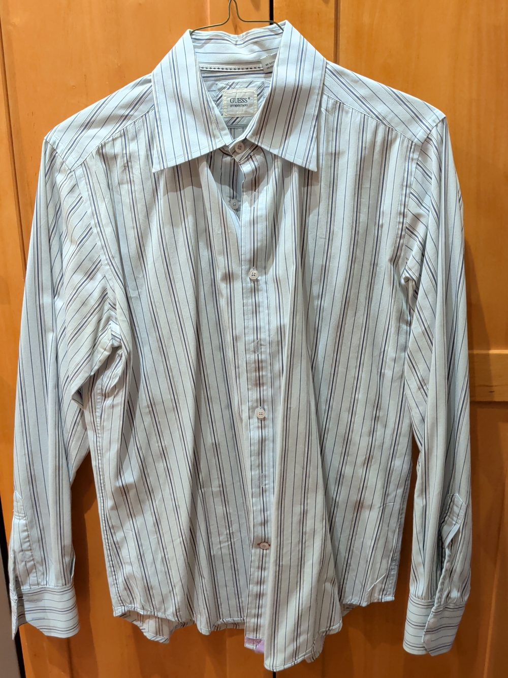 Guess Men's White Dress Shirt with Navy and Gray Stripes